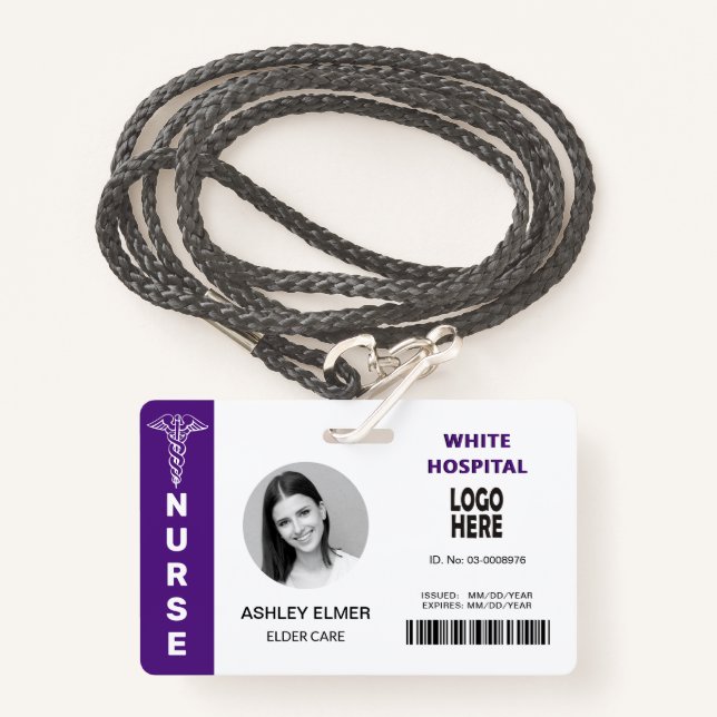 Elder care nurse ID purple photo template Badge (Front with Lanyard)