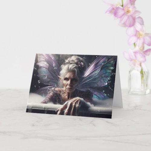 Elder Fairy Woman Takes a Bath in a Purple Tub Card