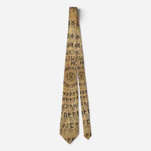Elder Futhark Spiral Art on Wooden texture Neck Tie