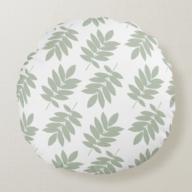 Elder Leaf Big Pattern 2Way Green+White Round Pillow (Front)