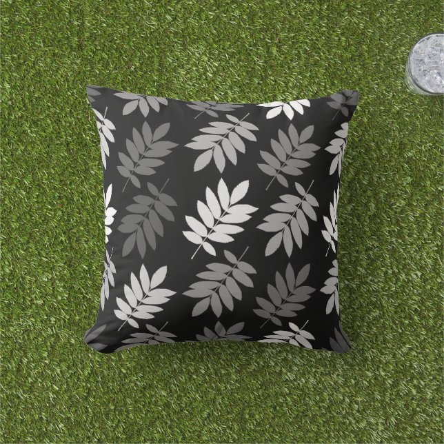 Elder Leaf Big Pattern Black White Grey Outdoor Pillow (Grass)