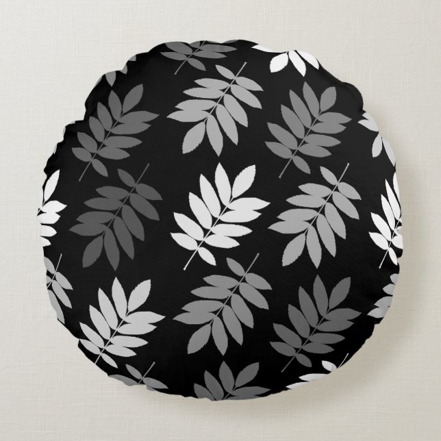 Elder Leaf Big Pattern Black White Grey Round Pillow (Front)