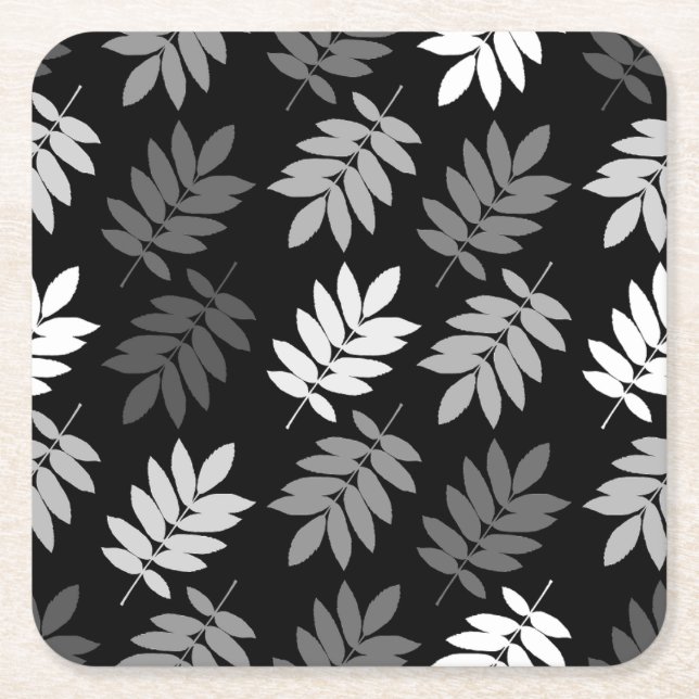 Elder Leaf Big Pattern Black White Grey Square Paper Coaster (Front)