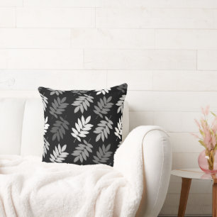 Elder Leaf Big Pattern Black White Grey Throw Pillow