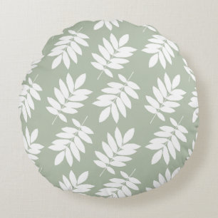 Elder Leaf Big Pattern White on Green Round Pillow