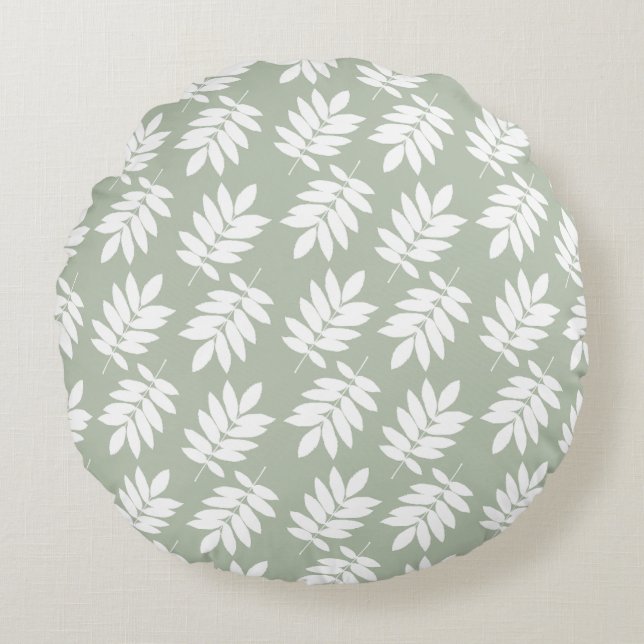 Elder Leaf Pattern 2Way Green+White Round Pillow (Front)