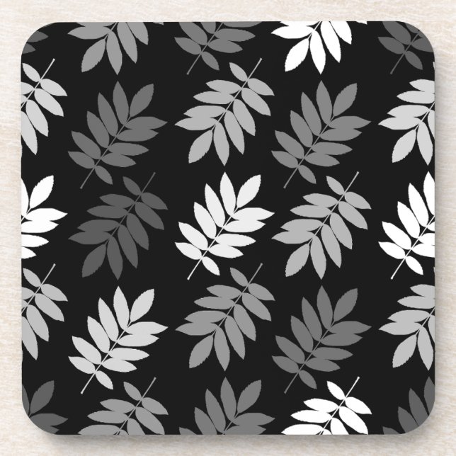 Elder Leaf Pattern Black White Grey Beverage Coaster (Front)