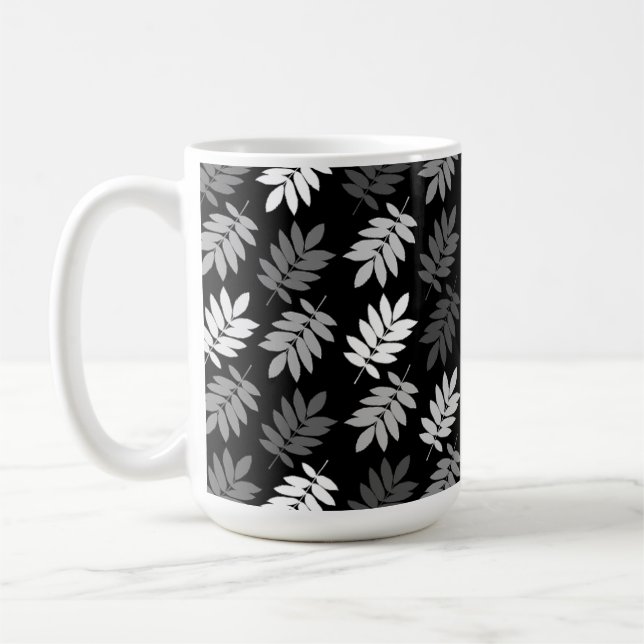 Elder Leaf Pattern Black White Grey Coffee Mug (Left)