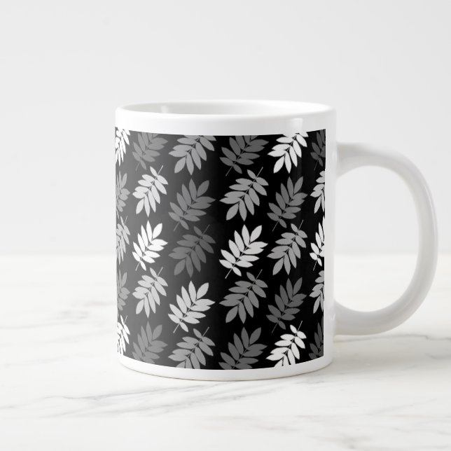 Elder Leaf Pattern Black White Grey Giant Coffee Mug (Right)