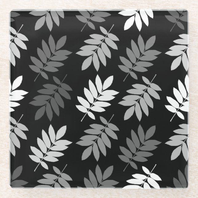 Elder Leaf Pattern Black White Grey Glass Coaster (Front)