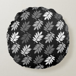 Elder Leaf Pattern Black White Grey Round Pillow