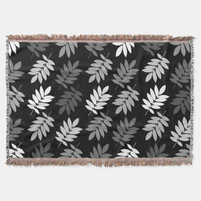 Elder Leaf Pattern Black White Grey Throw Blanket (Front)