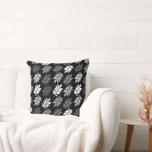 Elder Leaf Pattern Black White Grey Throw Pillow (Couch)