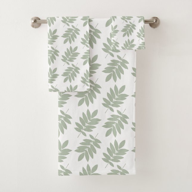Elder Leaf Pattern Green+White Bath Towel Set (Insitu)