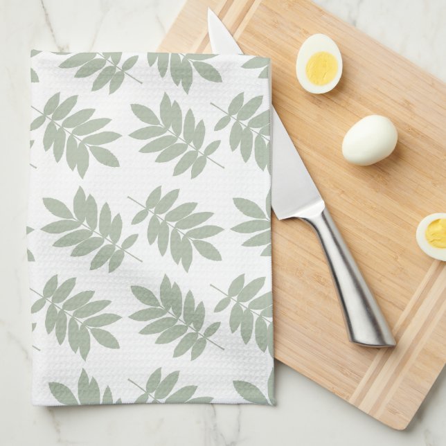 Elder Leaf Pattern Green+White Kitchen Towel (Quarter Fold)