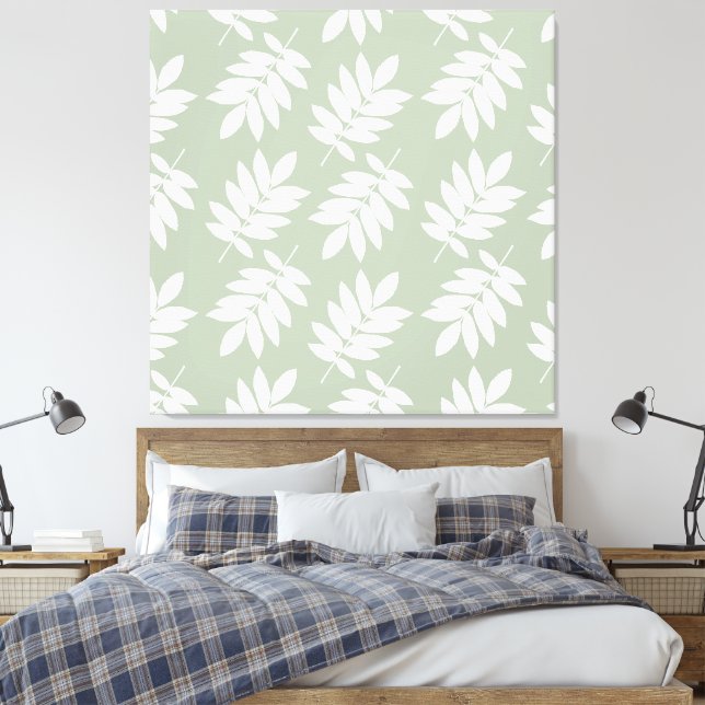 Elder Leaf Pattern White+Green Canvas Print (Insitu(Bedroom))