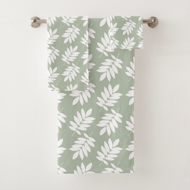 Elder Leaf Pattern White on Green Bath Towel Set (Insitu)