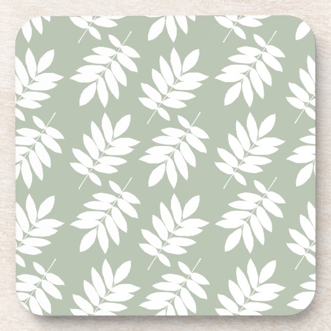 Elder Leaf Pattern White on Green Beverage Coaster (Front)