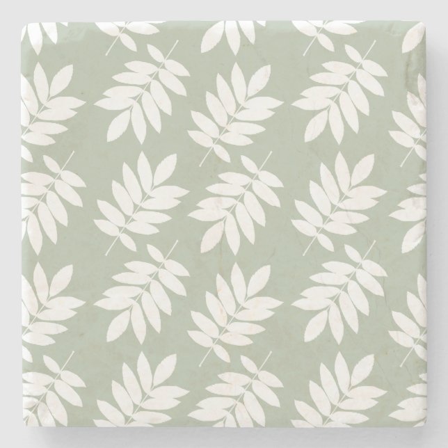 Elder Leaf Pattern White on Green Stone Coaster (Front)