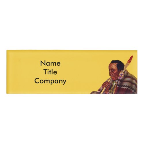 Elder Native American Male Feather Peace Pipe Name Tag