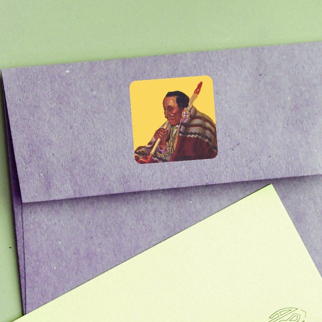 Elder Native American Male Feather Peace Pipe Square Sticker (Native American in traditional clothing with peace pipe on bright yellow stickers.)
