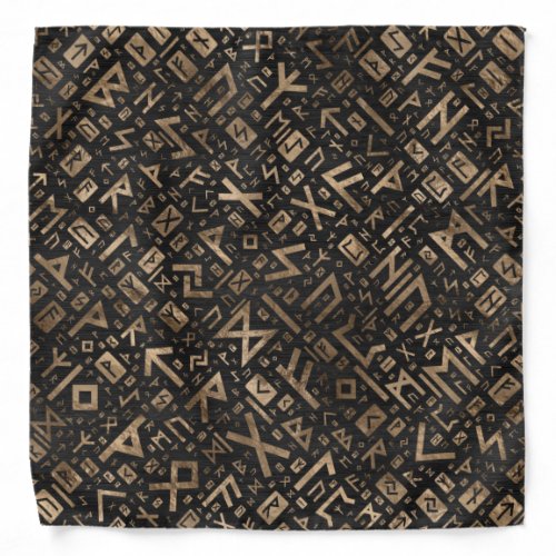 Elder Runes _ Futhark Pattern Gold on Black Wood 2 Bandana