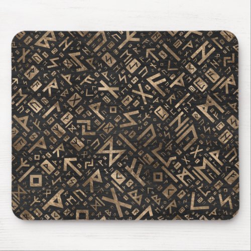 Elder Runes _ Futhark Pattern Gold on Black Wood 2 Mouse Pad