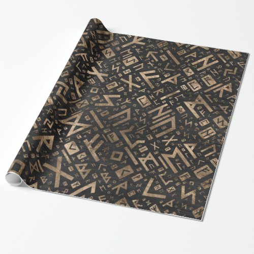 Elder Runes _ Futhark Pattern Gold on Black Wood 2 Wrapping Paper