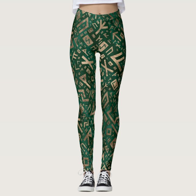 Elder Runes - Futhark Pattern Gold on Malachite #1 Leggings (Front)