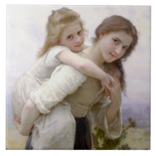 Elder Sister Giving Younger Sister Piggyback Ride Ceramic Tile