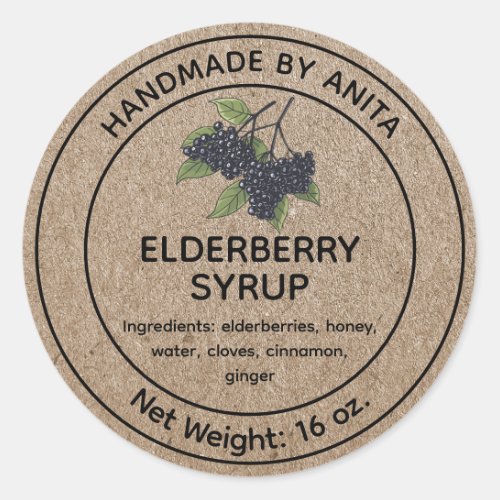 Elderberry Syrup Jam Jar Label Kraft Paper Style