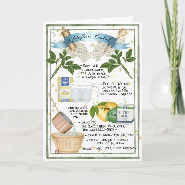 Elderflower Cordial Illustrated Recipe Card (Front)