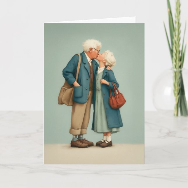 Elderly Couple Sharing Tender Kiss Card (Front)