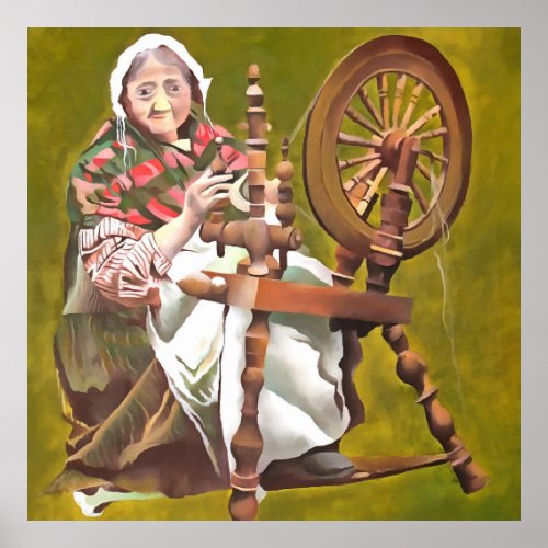 Elderly Irish Woman Crafter At A Spinning Wheel Poster