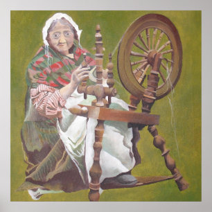 Elderly Irish Woman Crafter At A Spinning Wheel Poster