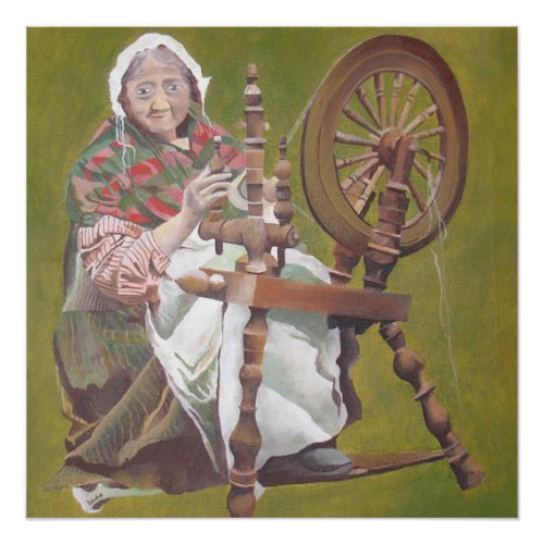 Elderly Irish Woman Crafter At A Spinning Wheel Poster