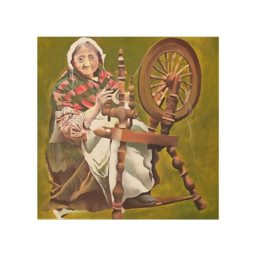 Elderly Irish Woman Crafter At A Spinning Wheel Wood Wall Art