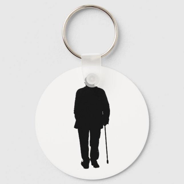 Elderly Man Walking Black Silhouette Drawing Art Keychain (Front)
