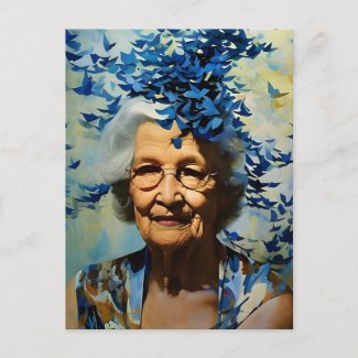 Elderly Woman and Blue Butterflies