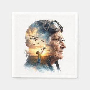 Elderly Woman Aviator Remembering the Past Napkins