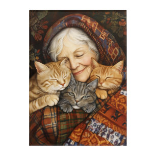 Elderly Woman Embracing Three Cats Cozy Acrylic Print