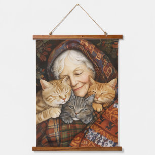 Elderly Woman Embracing Three Cats Cozy  Hanging Tapestry