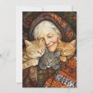 Elderly Woman Embracing Three Cats Cozy  Invitation