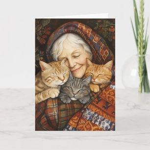 Elderly Woman Embracing Three Cats Cozy  Invitation
