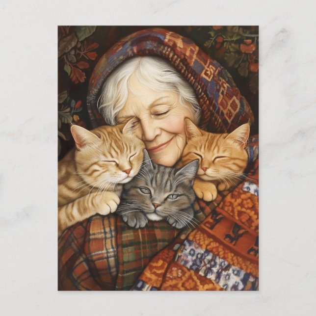 Elderly Woman Embracing Three Cats Cozy  Postcard (Front)