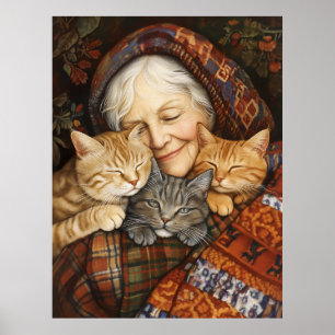 Elderly Woman Embracing Three Cats Cozy Poster