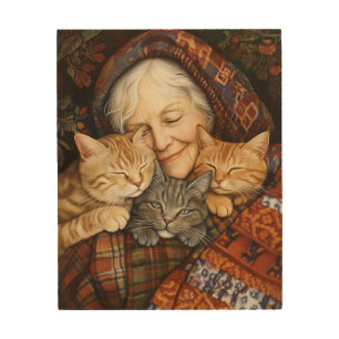Elderly Woman Embracing Three Cats Cozy  Wood Wall Art