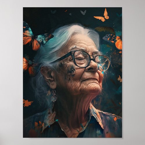 Elderly Woman In Glasses With Butterflies Poster