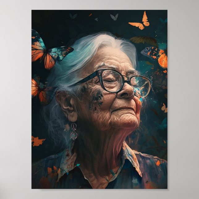 Elderly Woman In Glasses With Butterflies Poster (Front)