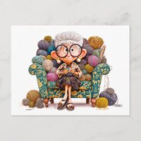 Elderly woman knitting happily surrounded by yarn
